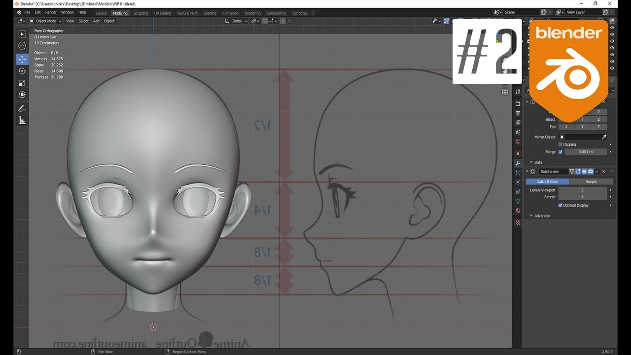 Blender 2.9: Моделирование головы девушки из аниме WIP # 2