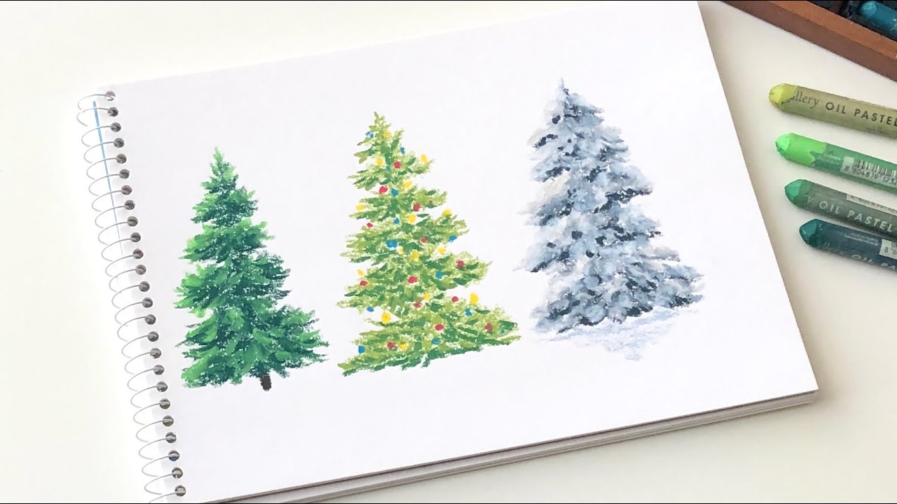 Drawing Christmas trees in 3 ways with oil pastels 🎄| Step by step oil pastel painting tutorial