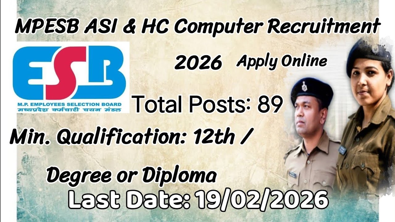 MPESB ASI & HC Computer Recruitment 2026: Apply Online for 89 Posts, Last Date: 19/02/2026