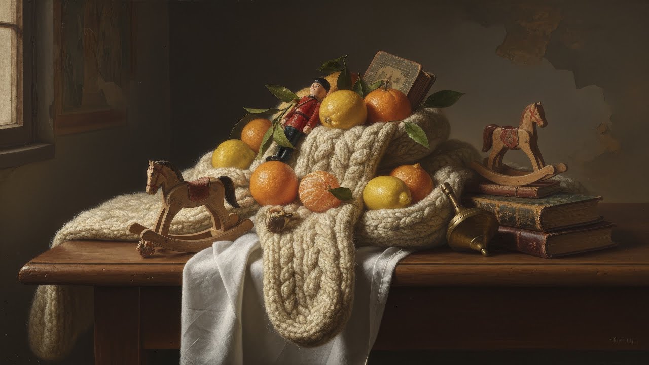 4K TV Art - Winter Still Life Citrus, Knit & Toys - Playful Nostalgia