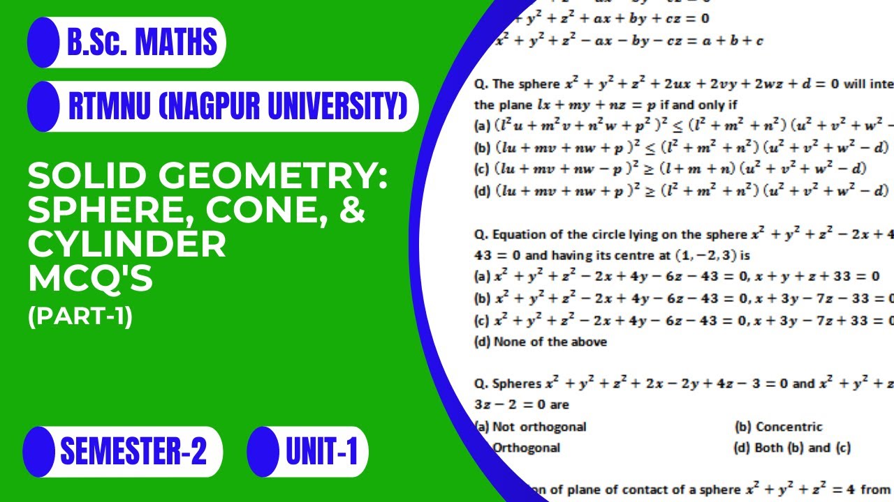 Solid geometry : Sphere, Cone, Cylinder | MCQ's | Part-1 | RTMNU | Nagpur University | B.Sc. Maths
