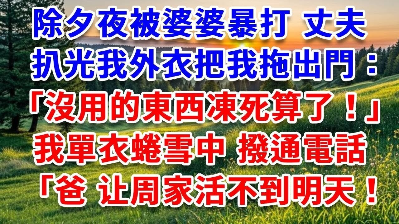 除夕夜被婆婆暴打，丈夫扒光我外衣把我拖出門：沒用的東西凍死算了！我裹著單衣蜷在雪中，看婆家五口圍爐歡笑，顫抖撥通加密電話：爸，叫周家活不到明天！#詩涵講故事#為人處世#生活經驗#情感故事#晚年哲