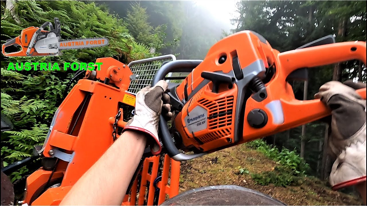 Husqvarna 592 XP am Lagerplatz und im Sturmholz