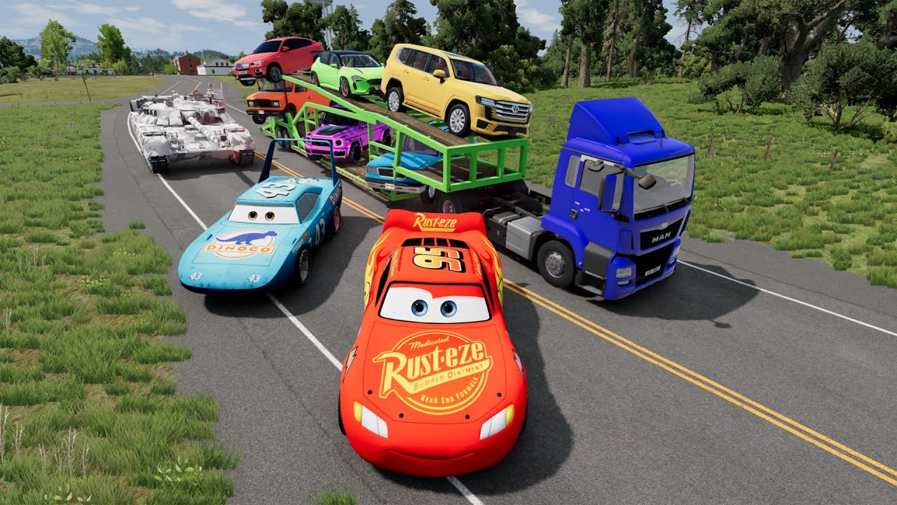 Car treiler Truck McQueen | Transportation with Truck - Pothole vs Car #3 | BeamNG.Drive Gameplay