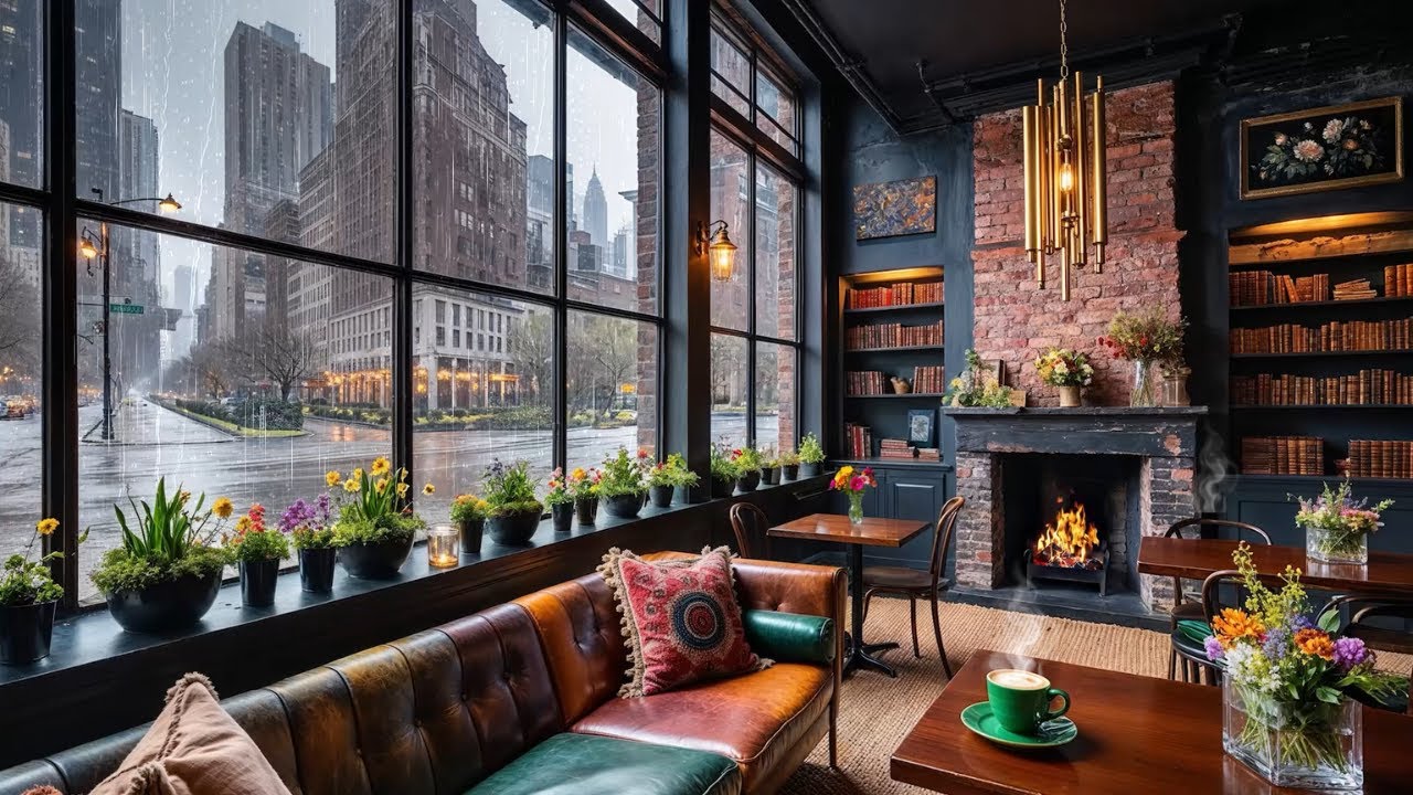 Rainy City Coffee Shop Ambience ☕Cozy Morning | Winter to Spring Ambient Rain & Fire Sleep Sounds