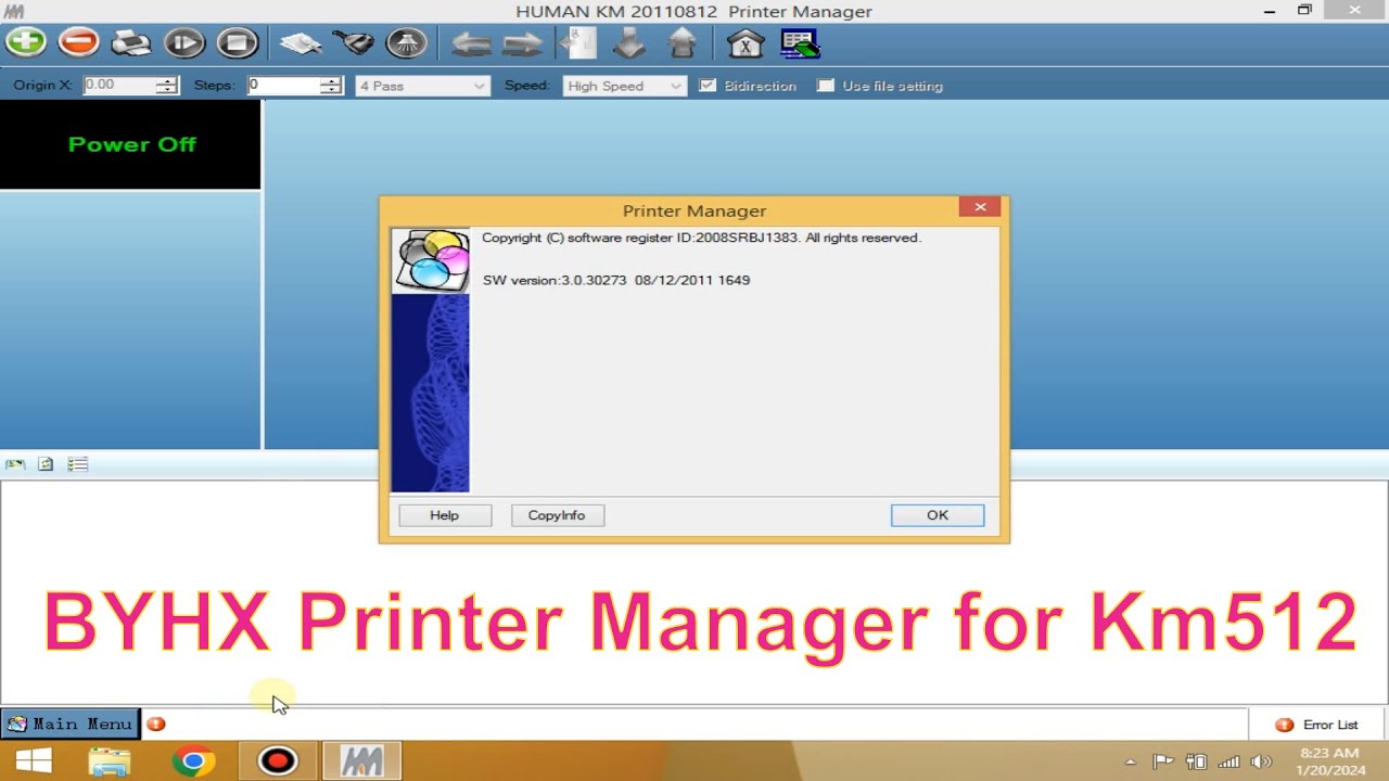 Km512 printer manager, BYHX core board Software Ver:3.0.30273, Human Digital.