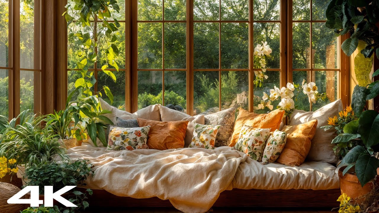 4K Spring Morning Glassroom | Sunshine, Flowers & Singing Birds Ambience