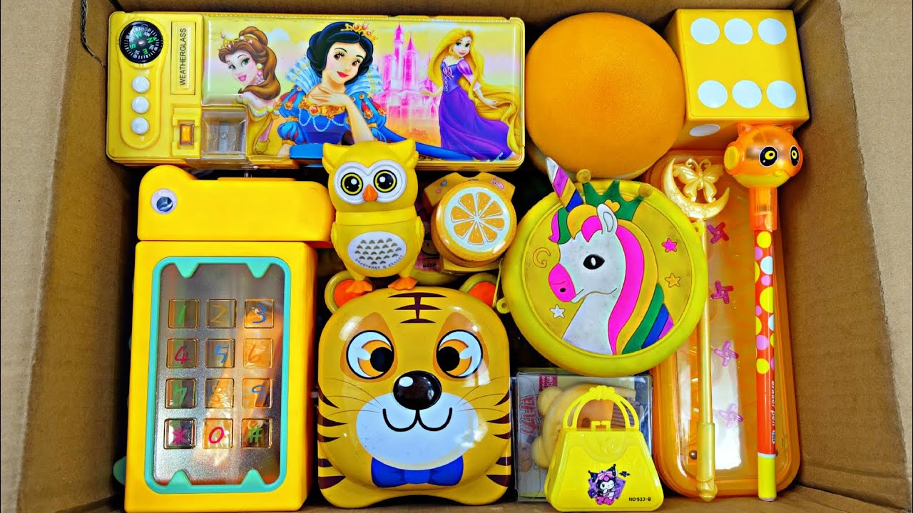 Unboxing Modern Yellow Stationery 📚, Pencil Box, Sketch board, Pen Stand, Eraser, Piggy Bank, Pens