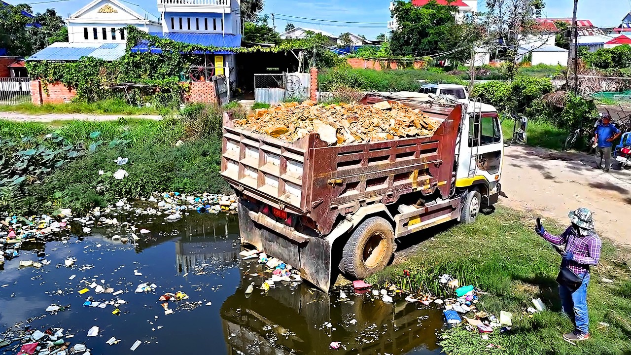 Wonder Watchful Landfilling Delete Pond !!! Dump Truck 5 Ton Unload & Bulldozer Push Stone Skillful