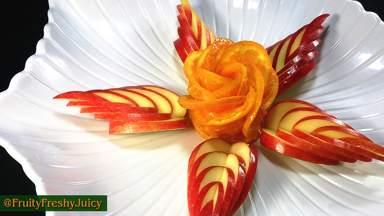 How To Make Orange Rose & Apple Leaf - Flower Carving Garnish & Turtorial