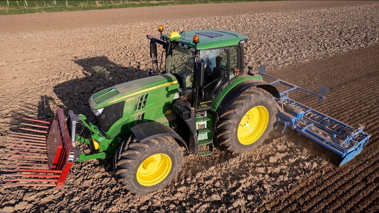 North West Seeds working down land for sowing with the John Deere 6215R & Lemken 6m power harrow