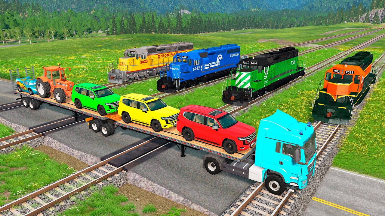 Flatbed Trailer McQueen Transportation with Truck - Speedbumps vs Cars vs Train - BeamNG.Drive #140