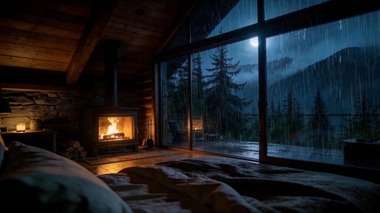 🔴 LIVE Moonlit Mountain Rain 🌧️🌙 | Cozy Cabin Fireplace & Storm Sounds for Deep Sleep (NO ADS)