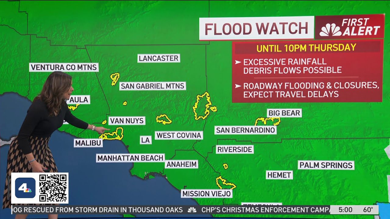 Flood watch and high winds as heavy rain falls across LA