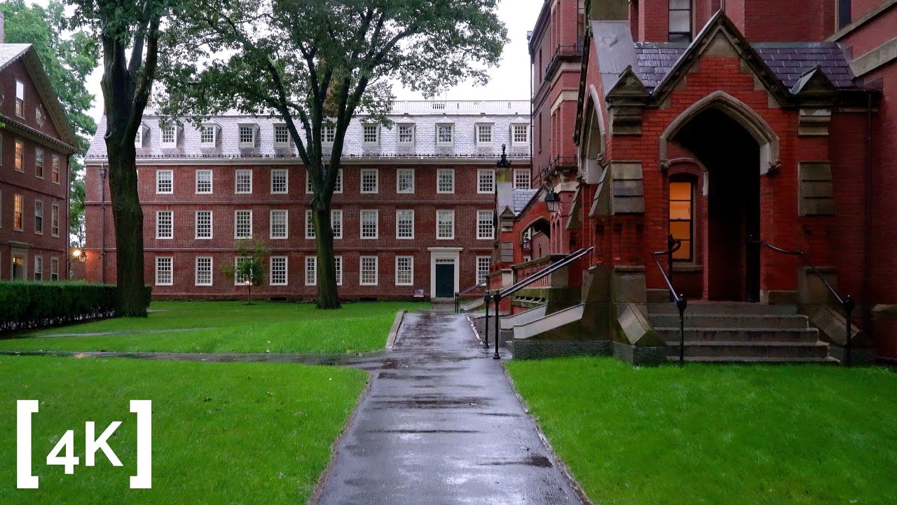 Walking in the Rain 4K - Harvard University - 3D Binaural Audio - ASMR