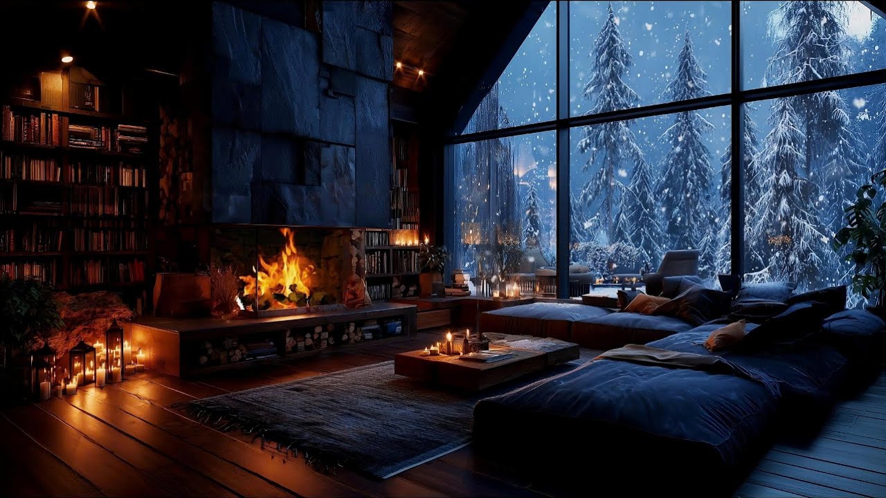 Warmth Behind the Glass, Snowfall, Light Rain, Far-Off Thunder & Fireplace Sounds (3 Hours)