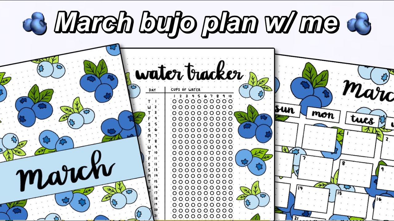 Мартовские планы Bujo | Bullet Journal, март 2022 (развороты Bullet Journal на черничную тему)