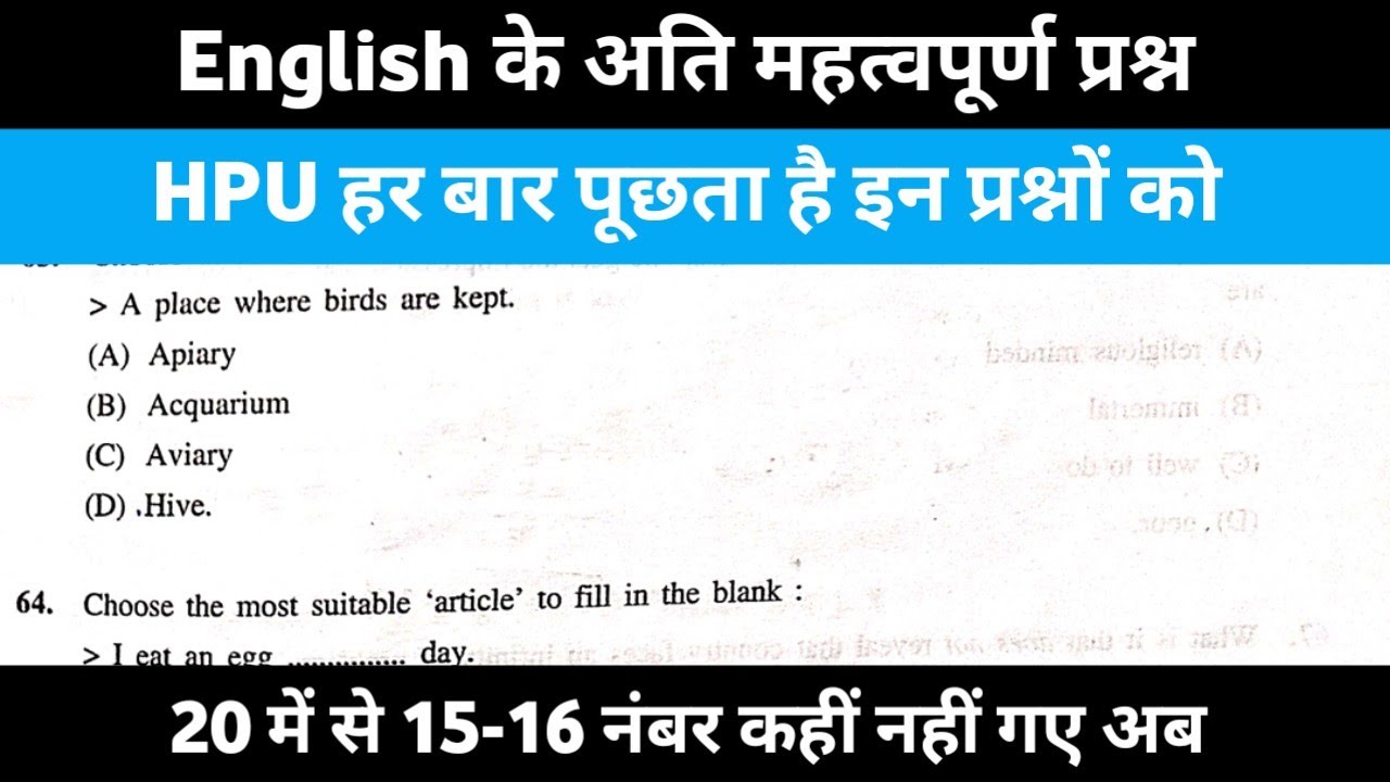 English Language & Grammar Questions for HPU B.Ed. Entrance 2023