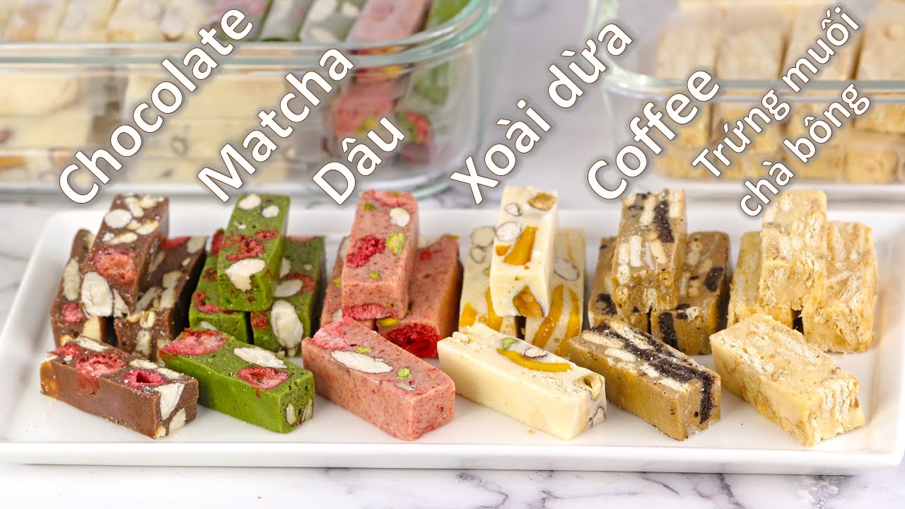 6 công thức kẹo Nougat: chocolate, trà xanh, dâu, xoài dừa, cà phê và trứng muối chà bông