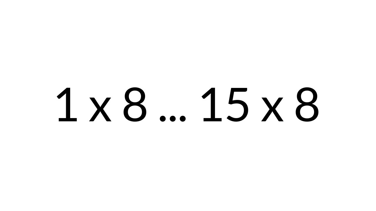 Multiplication Table times 8, from 1 x 8 to 15 x 8, in order, silent