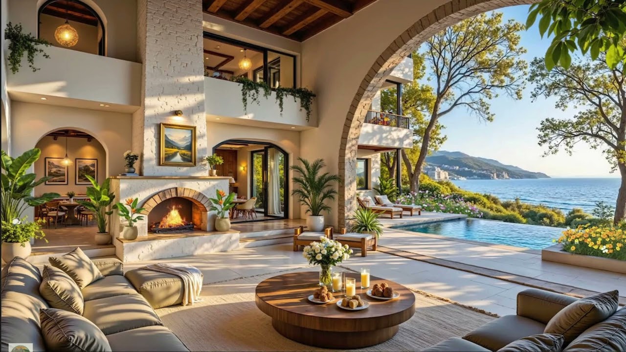 Luxury Oceanfront Villa Ambience ,Cozy Fireplace , Relaxing Coastal View for Focus, Study & Sleep