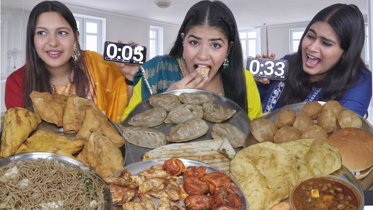 60 Sec. Golgappa, Samosa Momos, Spicy Momos, Chole Bhature, Burger, Hakka Chow Mein Eating Challenge