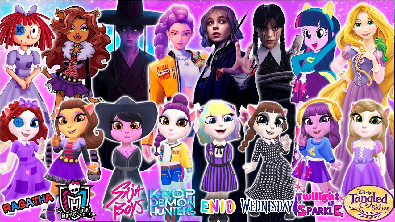 Angela 2  Ragatha Vs Monster high Vs Jinu VS Rumi Vs Twilight Sparkle Vs Rapunzel Vs Enid, Wednesday