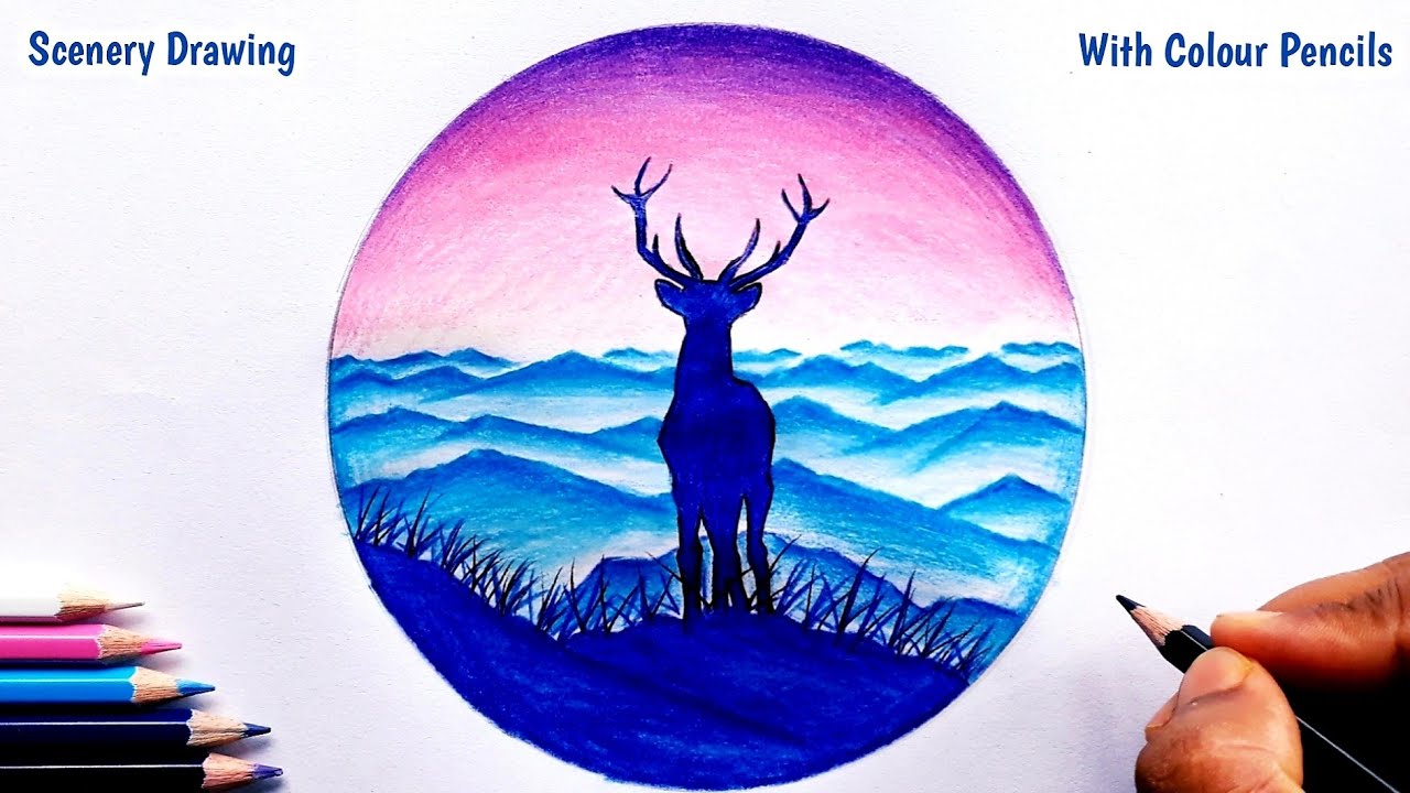 Pencil Colour Drawing - Of Beautiful Scenery || Deer Standing On Mountain - colour pencil drawing
