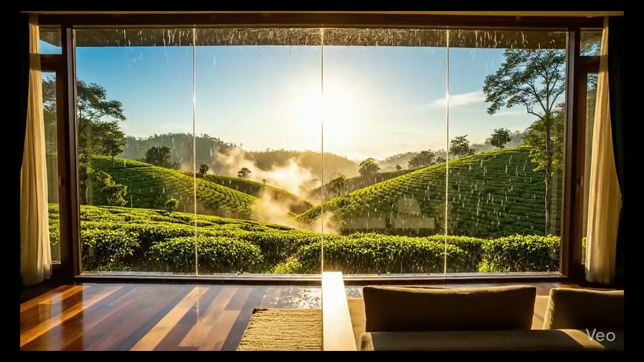 Sunset Over Tea Plantations🌄Gentle Artificial Rain|1Hour Calm Ambience#greenlandscape#SunsetAmbience