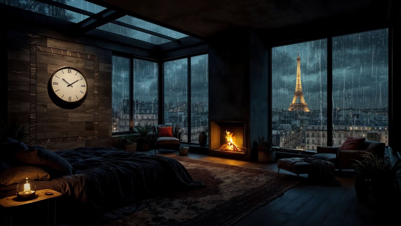 Falling Asleep to City Rain 🌧 Eiffel Tower View | Luxury Apartment,Rain on Window & Fireplace Sounds