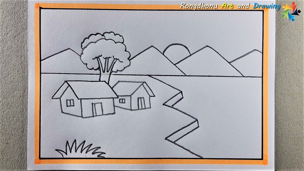 Village Scenery Drawing with Pencil Easy💚💚 Prakitik Drisso Art
