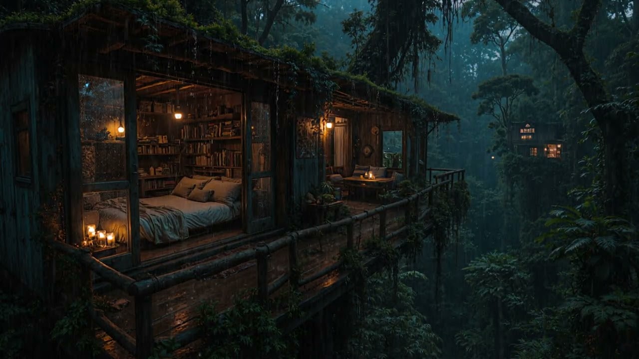 Goodbye Stress to Sleep Instantly with Heavy Rain & Old Metal Roof in the Rainforest at Night(4k)🌧️🌿