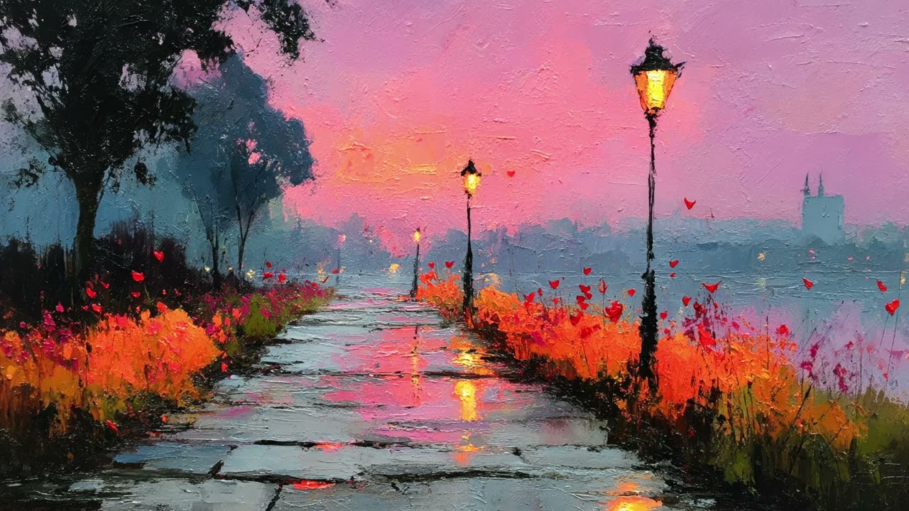Pink Sunset Promenade With Lanterns | 1 Hour 4K Oil Painting TV Wallpaper
