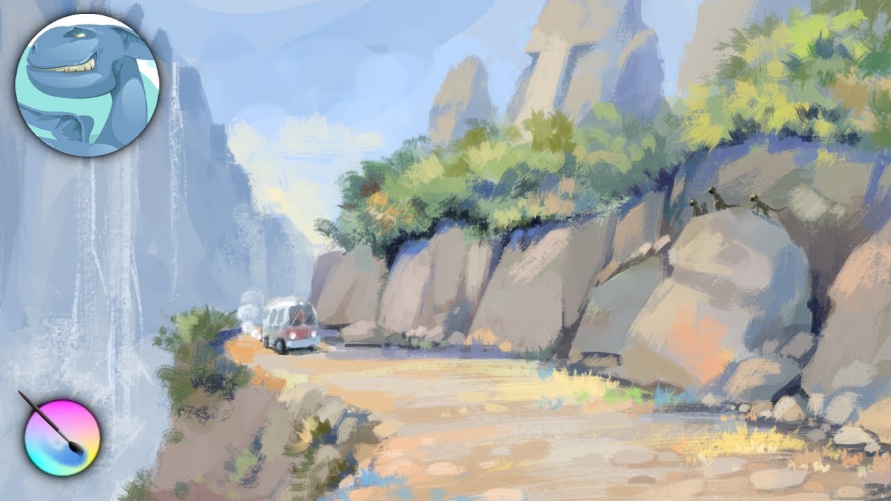 Landscape with mountain road. Krita digital painting. Timelapse video.