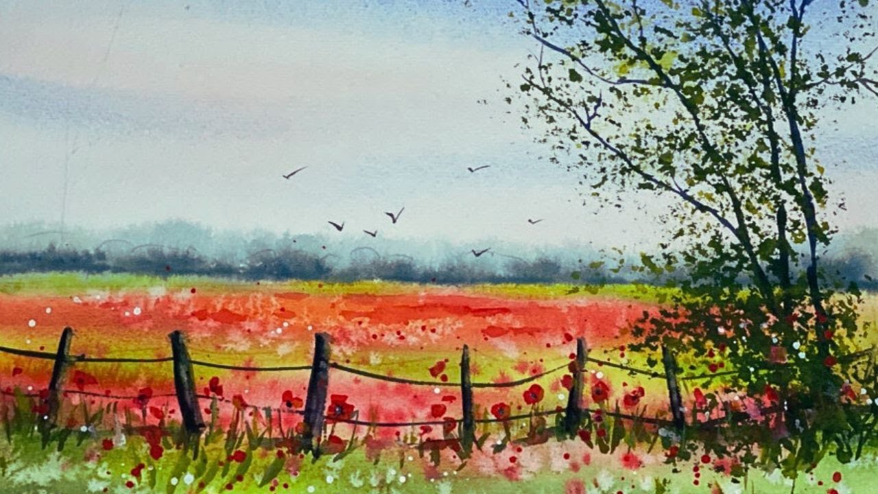 Step by Step Atmospheric Poppy Fields Watercolor Tutorial.