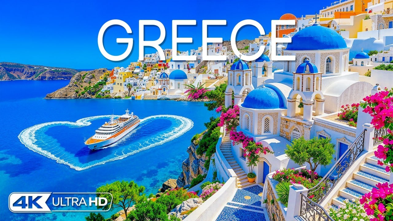 [4K] Греция 🇬🇷 Кальдера Санторини, города на скалах и глубокое синее Эгейское море