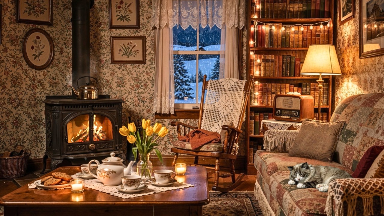 Warm 1940s Cottage Night ❄️ Oldies Playing in Another Room | Candlelight & Vintage Jazz