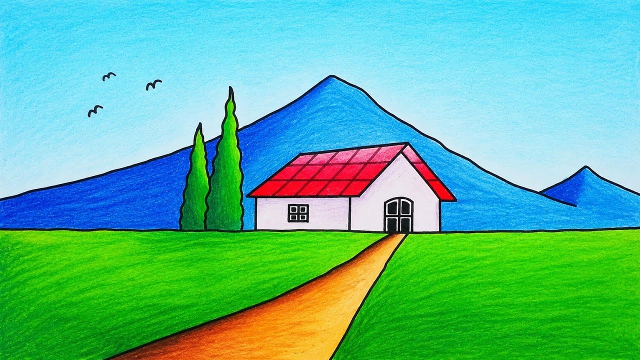 How to Draw Beautiful and Easy Mountain and House Scenery | Easy Scenery Drawing With Oil Pastel