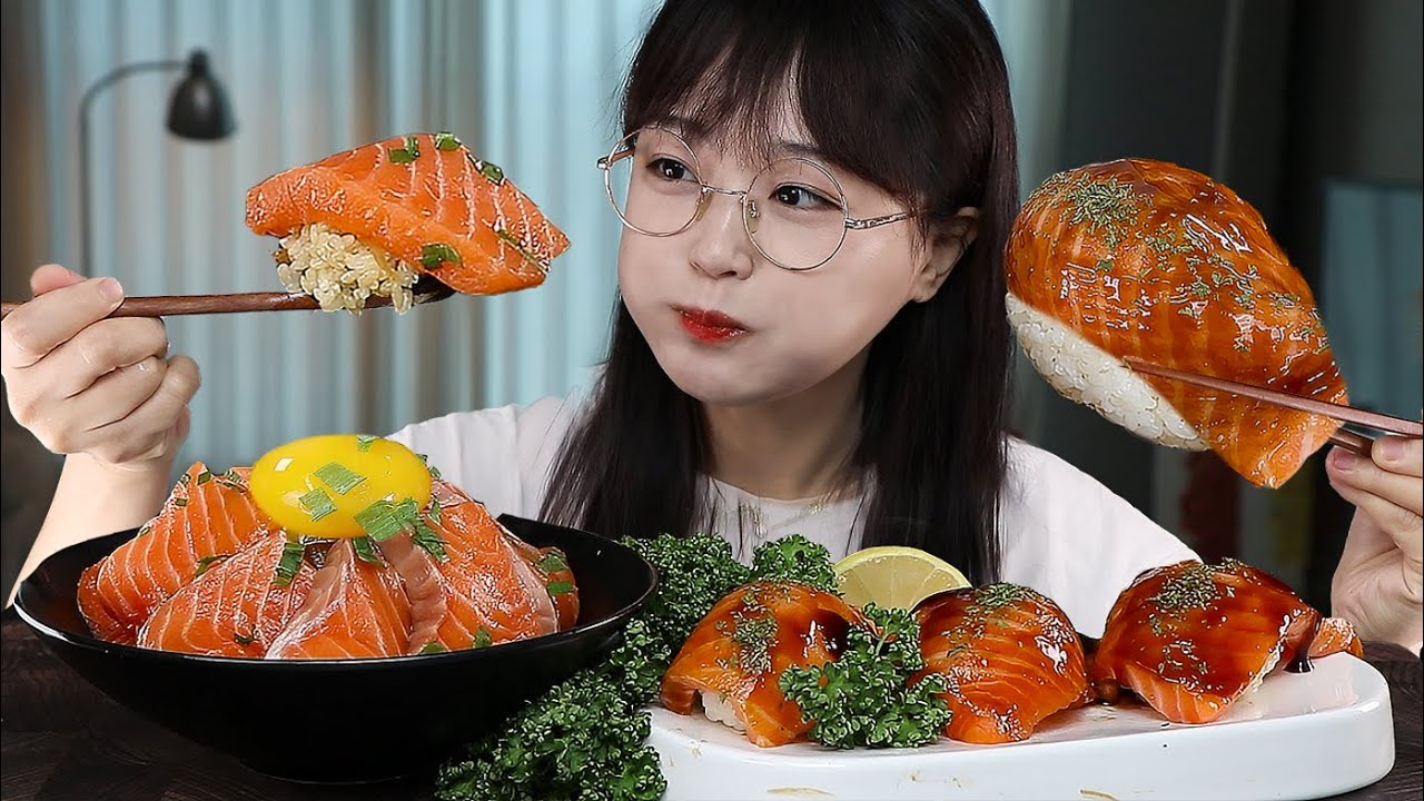 АСМР ЕДА Чаша с лососем и рисом суши нигири с лососем🍣 | MUKBANG