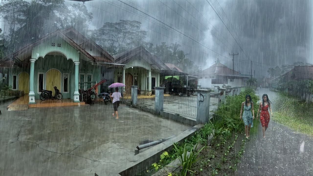 Stormy Night Walk Through Quiet Village with Heavy Rain Strong Wind and Thunder Sounds ASMR 4K Vide