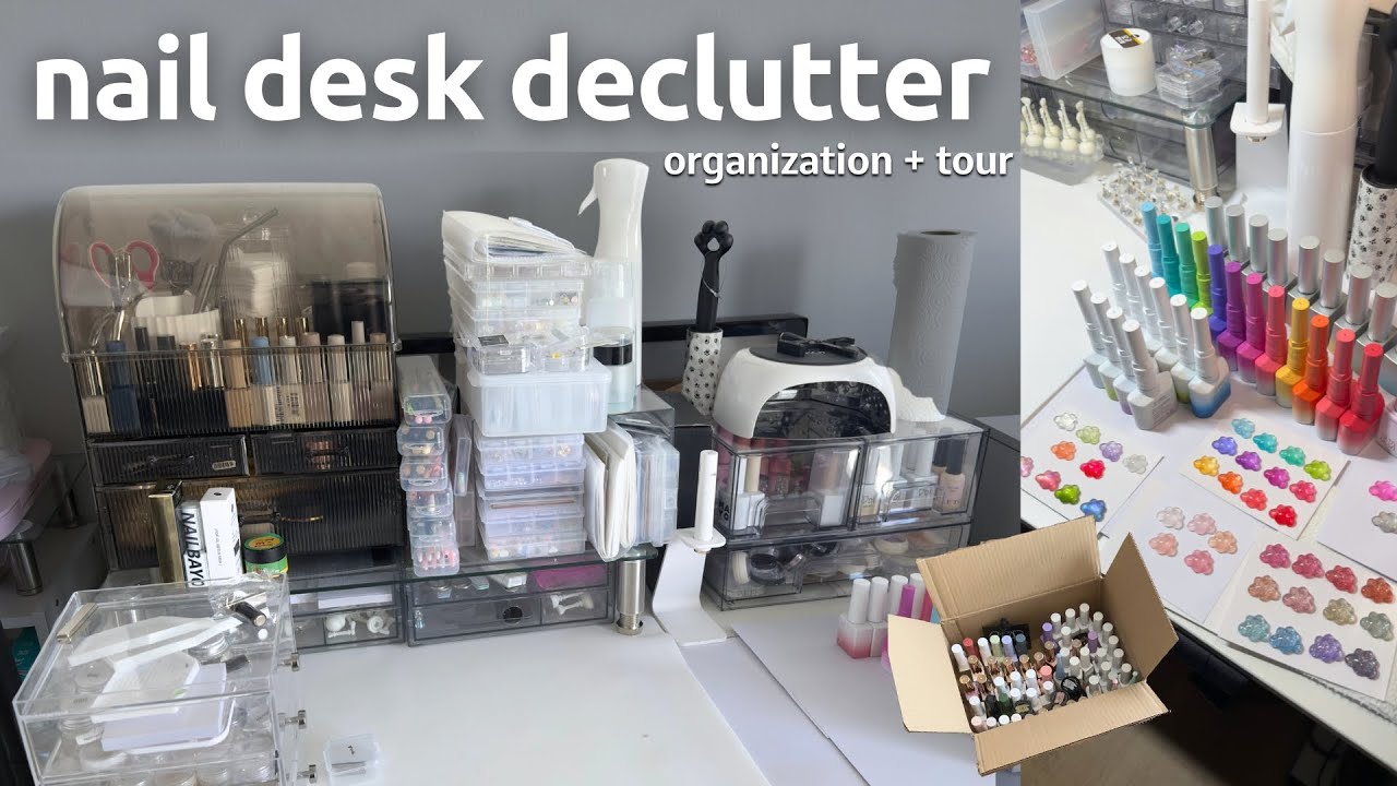 nail desk declutter & swatching SO MANY new gels 💫 makeover + organization tour, storage ideas
