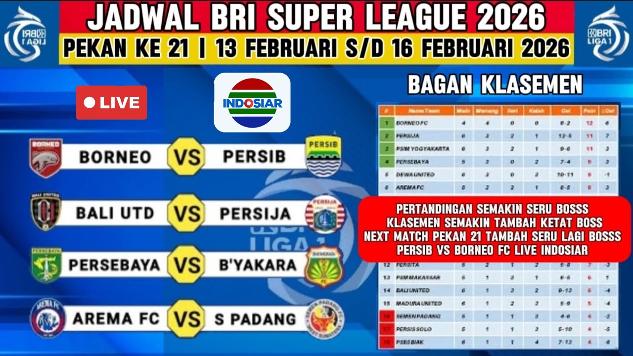 🔴 Jadwal Liga 1 2026 Pekan 21 | Persib vs Borneo FC & Bali United vs Persija | Live INDOSIAR Hari in