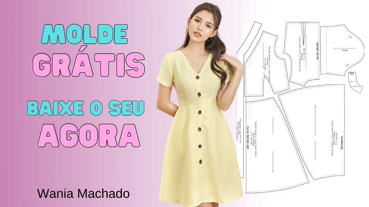 Molde de Vestido com Manga e botões na frente pra Baixar(MOLDE GRÁTIS)