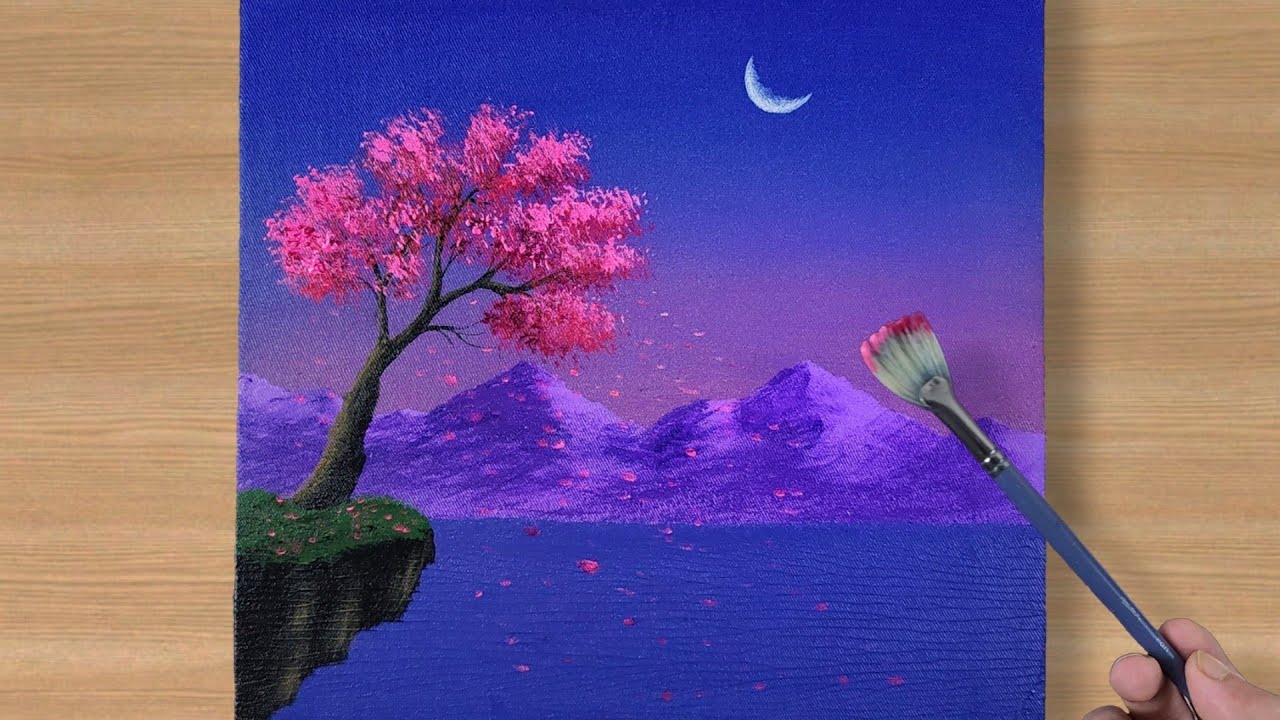 Cherry Blossom Acrylic painting | Moonlight Scenery painting for Beginners