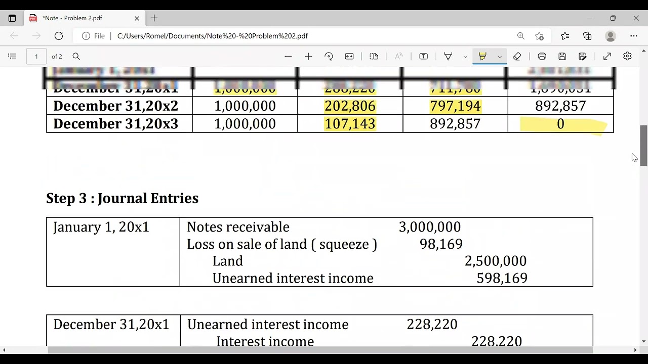 3 : Notes Receivable - Non interest bearing note , First installment collectible one year from now