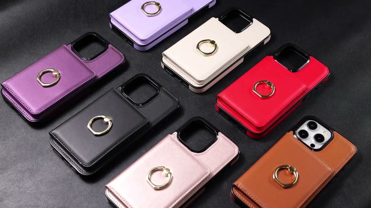 Luxury PU Leather Solid Color Rotation Finger Ring Holder Wallet Protective Case Cover for iPhone
