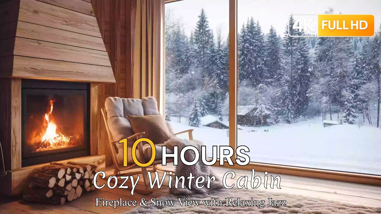 10 Hours Winter Cabin Ambience ❄️ Fireplace, Snowfall & Soft Jazz 🎷 | Deep Relaxation