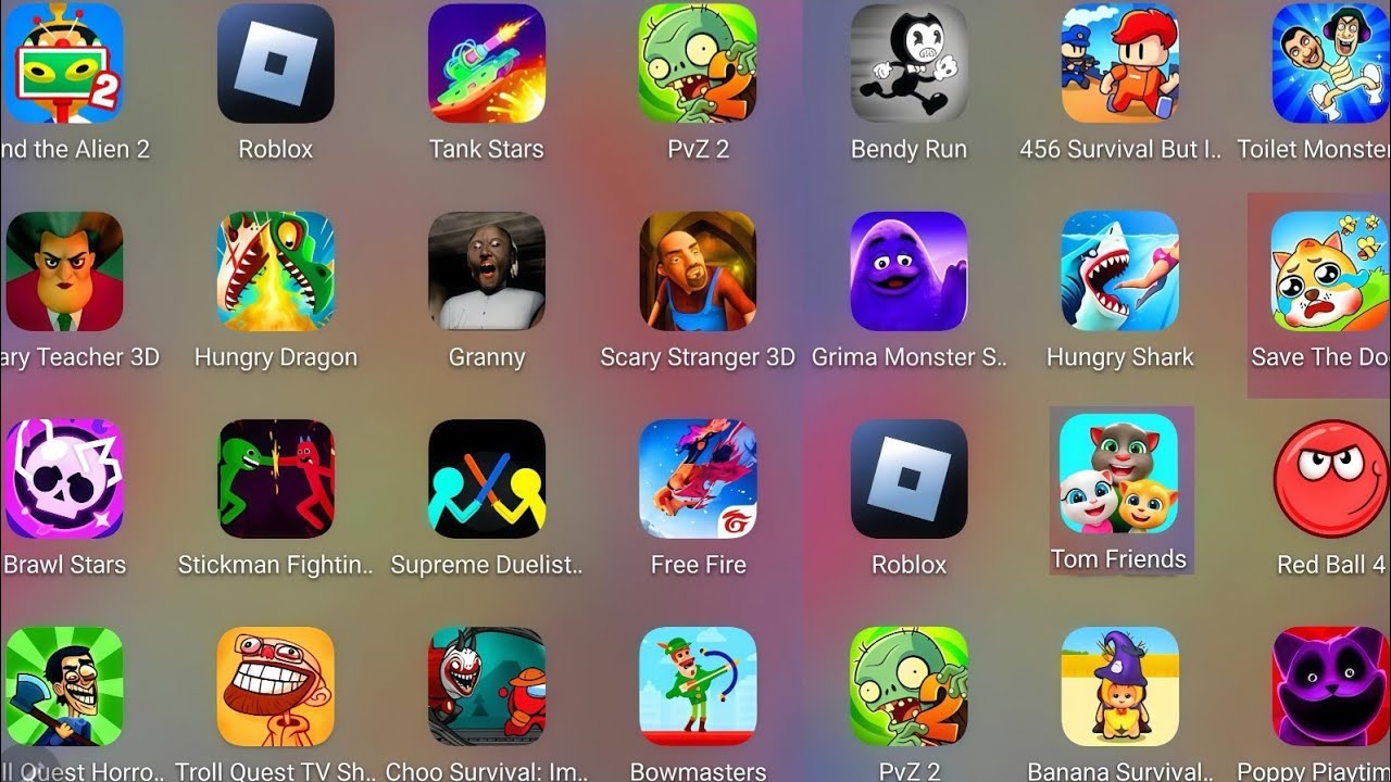Grimace Monster Scary Survival,Poppy Playtime 4,Save The Fish,Talking Tom,Bowmaster,Tom Friends