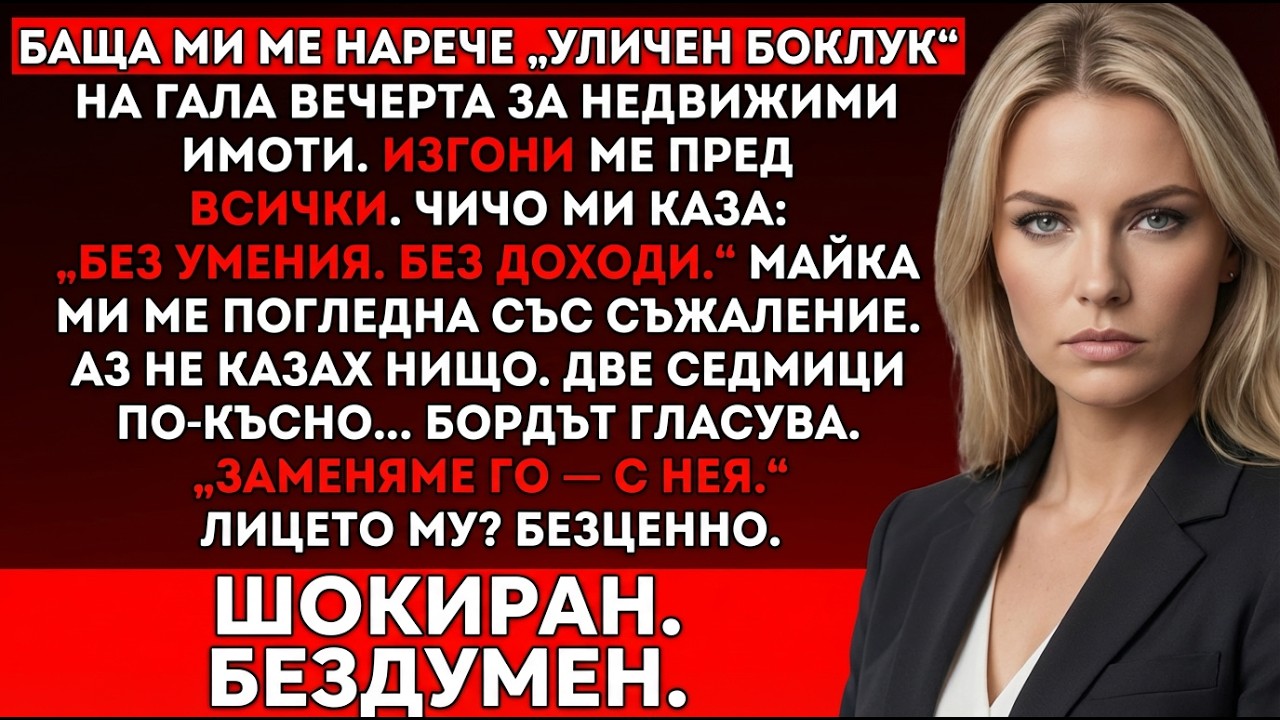 Баща ми ме нарече „уличен боклук“ на имотен гала — две седмици по-късно бордът ме назначи шеф.