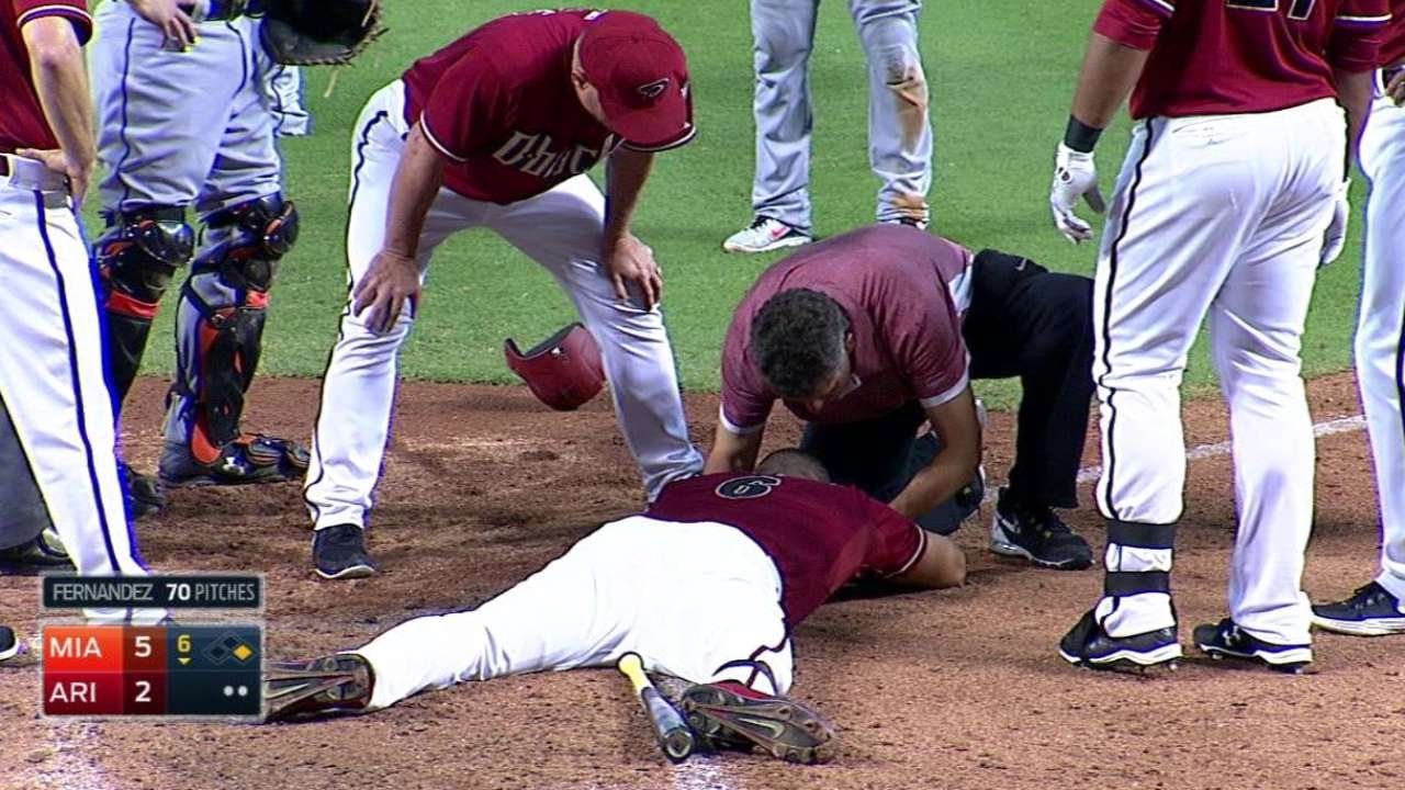 MIA@ARI: Peralta plunked in head, exits game in 6th